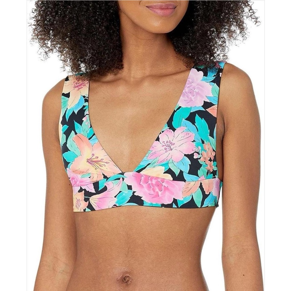 Billabong Beachy Whimsy Multicolored Tropical Print Plunge Reversible Bikini Top